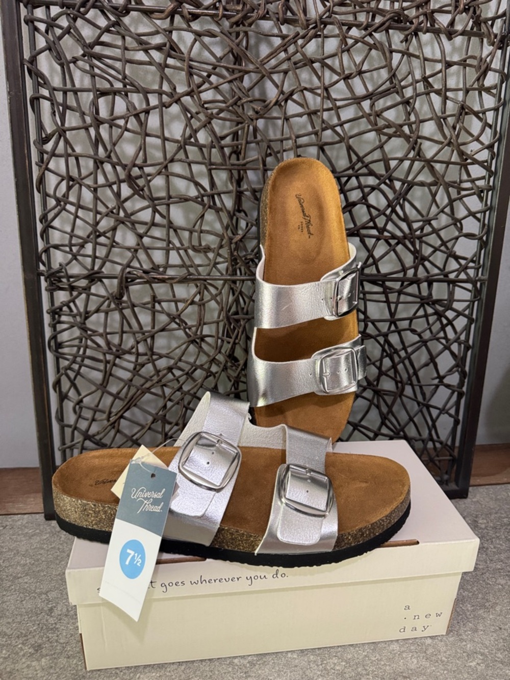 Universal Thread Silver Double Buckle Footbed Sandals 7.5 NWT